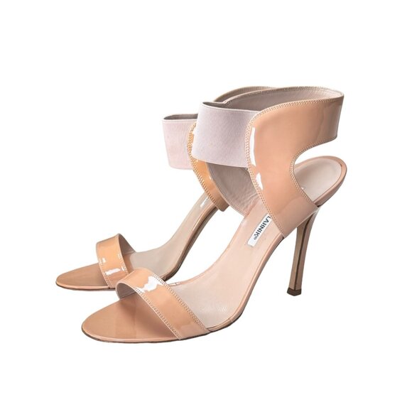 NWT Manolo Blahnik Sandals Sz 10 Nude Patent Leather Stiletto Heel Minimalist - Picture 14 of 14
